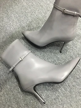 Gri din Piele pentru femei Cizme pentru Femei 10 CM Tocuri Ascuțite Toe Sexy Cizme de Zapada Femeie, Pantofi pe Tocuri inalte Femei Negru Glezna Cizme de Primăvară