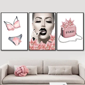Floare roz machiaj Paris Sac de Moda Lady Nordic Postere Si Printuri de Arta de Perete Panza Pictura pe Perete Imagini Pentru Living Decorul Camerei