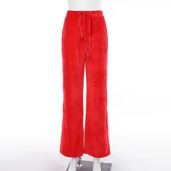 BOOFEENAA Înaltă Talie Pantaloni Largi Picior Femei Streetwear Scrisoare Broderie de Catifea Roșie, pantaloni Negri de Trening Harajuku Pantaloni C94-AC97