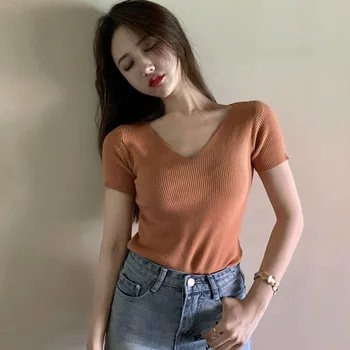 Vara Femei Tricotate cu Mâneci Scurte tricou Chic de Culoare Solidă Slim Tricou Versiunea coreeană Topuri