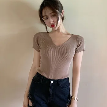 Vara Femei Tricotate cu Mâneci Scurte tricou Chic de Culoare Solidă Slim Tricou Versiunea coreeană Topuri