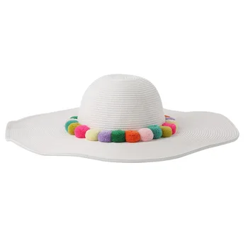 Vara Femei Pliabil de Plaja palarie de Soare Wide brim Hat Pom Pom Paie în aer liber Capac 4 culori