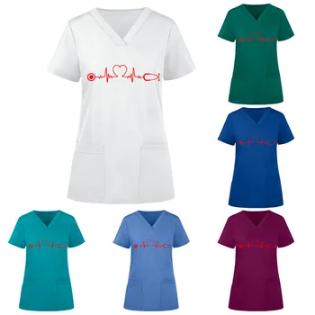 Uniforme Enfermera Femei Short Sleeve V-neck Topuri Asistenta Salopete de Lucru Uniformă de Culoare Solidă Buzunar Bluza медицинская одежда q5