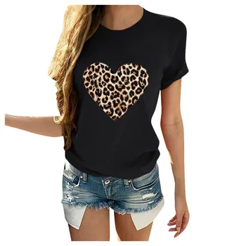 Femei Alb-Negru Imprimare T tricoul Ziua Îndrăgostiților Casual cu Maneci Scurte Gât O Leopard de Imprimare în formă de Inimă Topuri de Femei футболка
