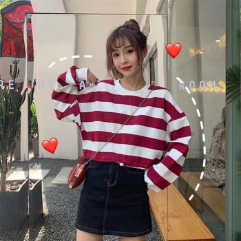 Mânecă lungă T-shirt Femei de Primăvară cu Dungi Loose 2XL Moda coreeană Strada Poarte Elevii Topuri de Femei Casual All-meci Toamna Chic