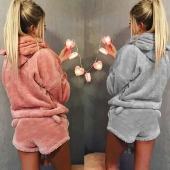 2020 Noi de Iarna Femei Pijamale Flanel Set Drăguț Urs cu Gluga Pijamale Cald Cald Fleece Coral Sleepwear Hanorac+Scurt Remorcare 2 BUC Costum
