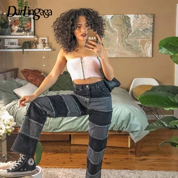 Darlingaga Streetwear Direct de Epocă y2k Mozaic Blugi Femei 2020 Gotic Burr Înaltă Talie Pantaloni din Denim de Culoare de Contrast Pantaloni