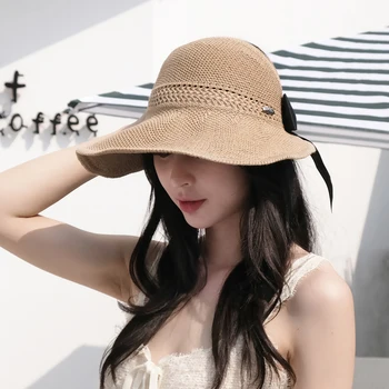 Arc Pălării de Soare Femei Coada de cal Soare Capac Panglică Tricotate Rafie Palaria Pentru Femei UV Protction gorras Plajă Feminin Pălărie de Moda
