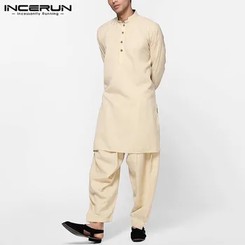 INCERUN de Culoare Solidă pentru Bărbați Musulmani Seturi Maneca Lunga Stand Guler Robe Lungi, Pantaloni arabe Islamice Caftan Seturi 2 Piese Barbati Haine