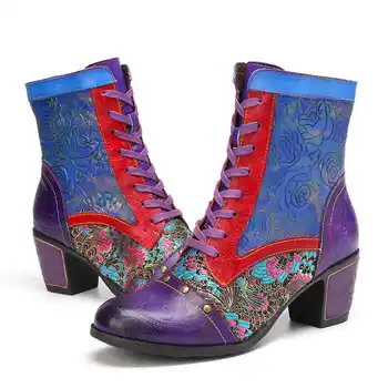 SOCOFY Stil Retro Cizme Floral Relief din Piele Despicare Bloc Toc Cizme Scurte Casual, Pantofi în aer liber Botas Mujer 2020