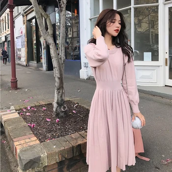 Coreeană Pulover Rochie de Primăvară Femeie NOU Tricotate Femei cu Maneci Lungi Vrac Vintage Lady