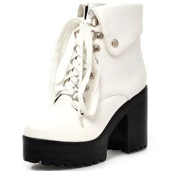 BONJOMARISA Clasic de Vânzare Fierbinte de Metal Decorare de Moda de Înaltă Bloc Tocuri Glezna Cizme pentru Femei Cool dantela-up Pantofi Platforma Femeie