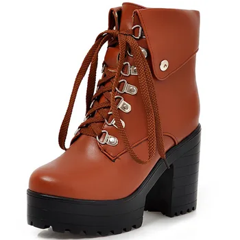 BONJOMARISA Clasic de Vânzare Fierbinte de Metal Decorare de Moda de Înaltă Bloc Tocuri Glezna Cizme pentru Femei Cool dantela-up Pantofi Platforma Femeie