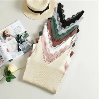 7 Culori de Primăvară Tricotate, Topuri Rezervor Nou Cârlig de Flori Dantelă Împletit Solid V-neck Camis Femei Slim Exterior Purta Tricoul Tendință 2019 Vesta