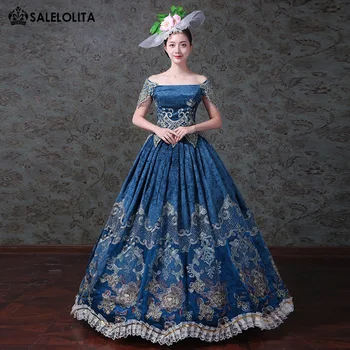 2018 Albastru Catifea, Broderie Southern Belle Dress Renașterii Marie Antoinette Război Civil Rochie De Reconstituire Îmbrăcăminte