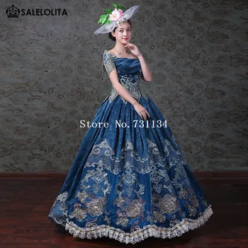 2018 Albastru Catifea, Broderie Southern Belle Dress Renașterii Marie Antoinette Război Civil Rochie De Reconstituire Îmbrăcăminte
