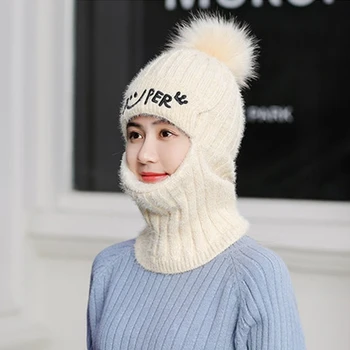 Femei Iarna Knit Beanie Balaclava Pălărie Litere Broderie Faux Fleece Căptușit Cu Fermoar Masca Gât Mai Cald Pompom Capac Capota