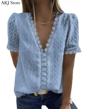 Puncte De Dantelă Introduce Bluză Casual Femei Broderie Dantela Cămașă De Moda V Guler Bluza Office Blusas