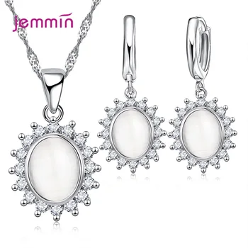 Elegant Mare Opal Oval Nunta de Piatră Seturi de Bijuterii pentru Femei de Argint 925 Colier Lung Seturi de Accesorii Hoop Cercei Bobo Bijuterii