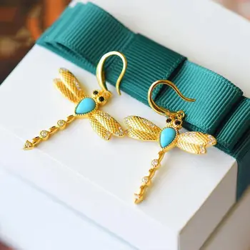 Turcoaz Libelula cârlig ureche Chineză stil retro minoritate design unic aur ambarcațiunile de farmecul femeilor de Crăciun, Halloween, Cadou