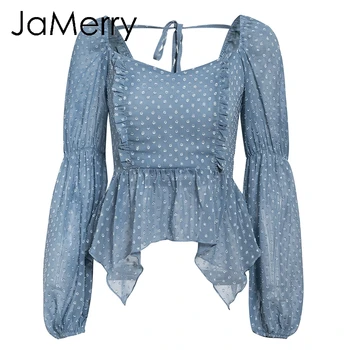 JaMerry Epocă sexy sifon buline zburli bluza, camasa Casual, guler pătrat lantern maneca bluza Feminin elegant slim top