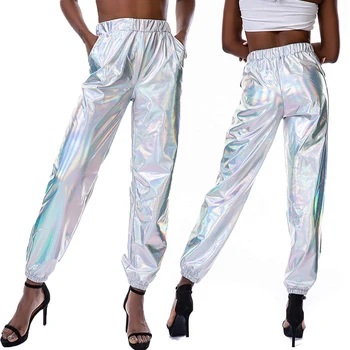Metalice Strălucitoare Jogger Pants Femei Harem Hip-Hop De Talie Mare Glittening Streetwear Elastic Pantaloni