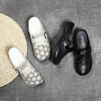 PEIPAH 2020 Vara pentru Femei din Piele Saboti de Pantofi Cap Rotund Aluneca Pe Femme Papuci de casă Retro Gol Zapatillas Mujer
