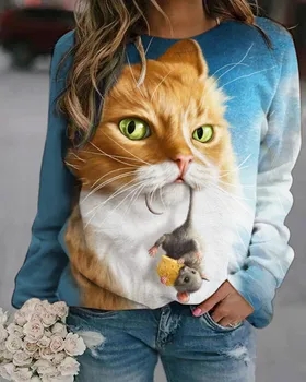 De Vânzare la cald Pisica Drăguț de Imprimare T-Shirt Serie Toamna Iarna Femei pe Gât Rotund Liber Casual Pisici Mouse-ul Noilor Sosiți Tricouri Femeie Topuri