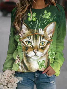 De Vânzare la cald Pisica Drăguț de Imprimare T-Shirt Serie Toamna Iarna Femei pe Gât Rotund Liber Casual Pisici Mouse-ul Noilor Sosiți Tricouri Femeie Topuri