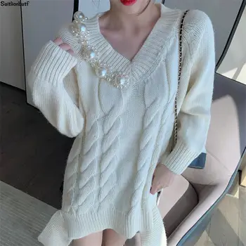 Coreeană 2020 Iarna Tricotate Pentru Femei Pulover Lung Pulover Pearl Twist Trage Femme Panglică Dulce Cald Moda Coreeană Dulce Jumper Trui