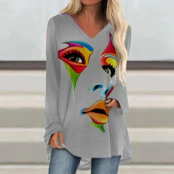 Vintage Abstract Tipărite Tricou Femei Toamna cu Maneca Lunga V Gât Pulover Top Casual Liber Feminin Cămașă Lungă de Artă de Design T-shirt