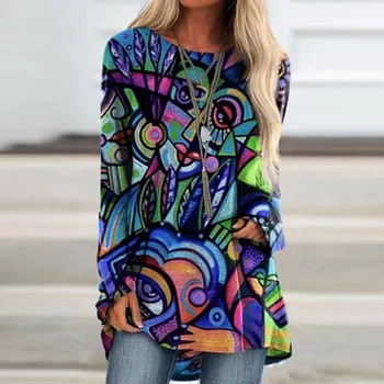 Vintage Abstract Tipărite Tricou Femei Toamna cu Maneca Lunga V Gât Pulover Top Casual Liber Feminin Cămașă Lungă de Artă de Design T-shirt