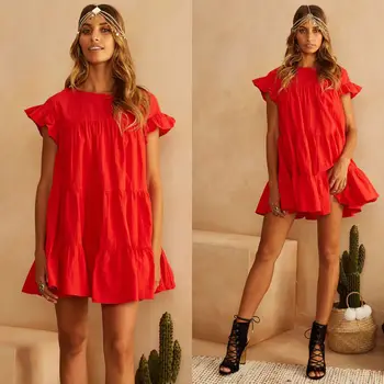 Rochie Mini Casual Femei Volane Din Bumbac Cu Maneci Scurte Rochie Roșie Solide În Vrac Rochie De Vara De Îmbrăcăminte 2019