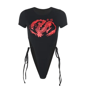 Darlingaga Streetwear Dragon Imprimat Vara Body Femeie Sexy Bodycon Corpul De Talie Mare Bodysuits Topuri Cu Maneci Scurte Salopeta Nou