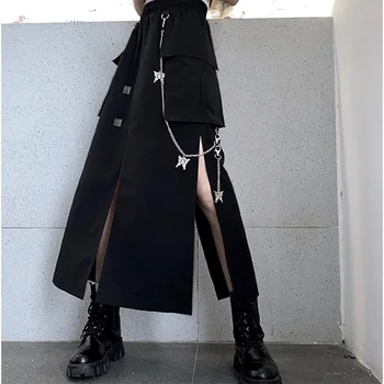 Noua Moda de Vara Fusta Neagra Femeile coreene Casual Streetwear Fuste Cu Lanț Mare de Buzunar Cargo Fusta de sex Feminin Pentru XS-2XL