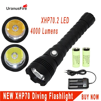 XHP70.2 LED-uri de Scufundări Lanterna Tactice 26650 Torch Alb/Galben Lumina De 4000 de Lumeni Subacvatic, rezistent la apa 100M XHP70 se arunca cu capul lampa