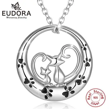 EUDORA Argint 925 Cuplu de Pisică Colier pentru Femei Animal Pandantiv Moda Bijuterii petrecere de Logodna Bijuterii Cutie de Cadou D104