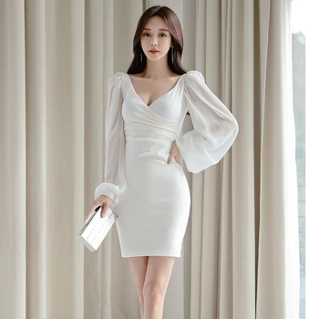 New sosire confortabil alb rochie formale temperamentale perspectivă mâneci v-gât adânc fara spate sexy lady mini rochie de creion
