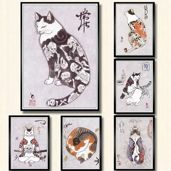 Panza Pictura Japoneză Samurai Cat Tatuaj Cat de Perete de Arta de Imprimare Poster pentru Camera de zi Dormitor Decor Modular Poze Decor Acasă