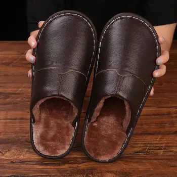 Coslony piele naturala papuci barbati de iarnă Acasă de Pluș Cald Papuci de cuplu Dormitor Bărbați femei de Casa Pantofi de Interior glisante bărbați