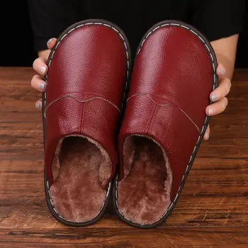 Coslony piele naturala papuci barbati de iarnă Acasă de Pluș Cald Papuci de cuplu Dormitor Bărbați femei de Casa Pantofi de Interior glisante bărbați