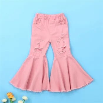 Moda toamna Fetita Flare Jeans Pantaloni Rupt Elastic Talie Cu Buzunar Pantaloni din Denim 2-7Y