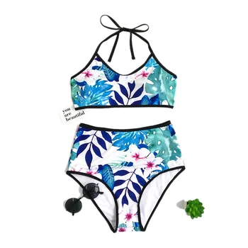 Noi 2019 sexy stil clar de costume de baie cu talie Înaltă Set de Bikini de costume de baie femei albastru Frunze de Imprimare Brazilian bikini Plaja Costum de Baie