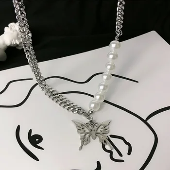 Hip Hop Dublu Strat de Culoare de Argint Oțel Titan Lanț Cravată Collares Simplu Gol Fluture Pandantiv Colier pentru femei bijoux