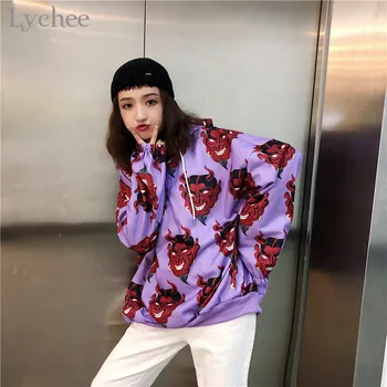 Lychee Harajuku Diavolul Imprimare Cu Glugă Femei Tricou Inel De Metal Cu Fermoar Liber Casual Cu Maneci Lungi Femei Pulovere Hanorace