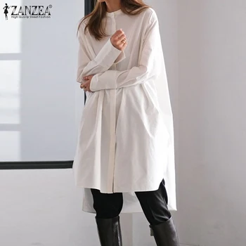 Femei Casual Stand Guler Topuri de Toamna Elegante Midi Bluze ZANZEA coreean Neregulate Camasa Office Solid Moale Blusa Supradimensionat S-5XL
