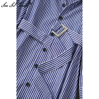 SEASIXIANG Designer de Moda de Vara pentru Femei Rochii de Bumbac Complet Maneca Rândul său, în Jos Guler Albastru Banda de Imprimare Catarama Bumbac Rochii Midi