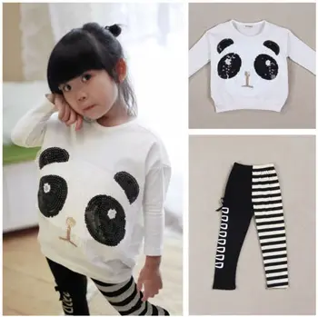 Frumoase Fete pentru copii haine pentru Copii set 2 buc costum de Panda T-shirt+Dungi Jambiere pentru copii seturi de Îmbrăcăminte