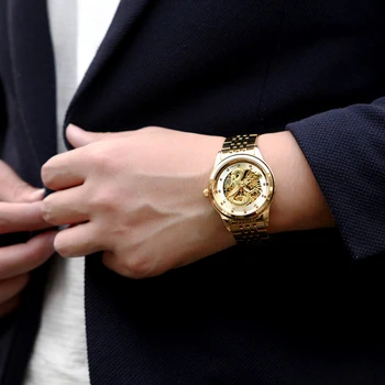 Luxury Gold Dragon Schelet Automată Ceasuri Mecanice Ceas de mana Barbati din Oțel Inoxidabil Ceas Negru Mâinile Luminos de sex Masculin Reloj