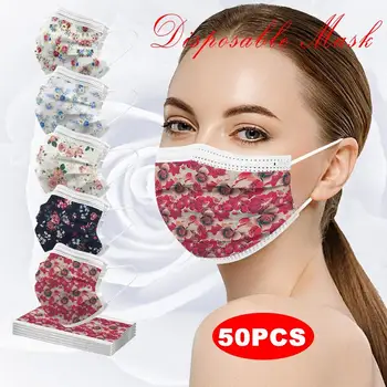50pcs Medicale de Unică folosință Masca Adulti Masca de Fata Frumos Elegant Printuri de Flori de Unică folosință Respirabil 3 Straturi Gura Masca